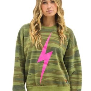 Aviator Nation Camo Crewneck with Hot Pink Lightning Bolt